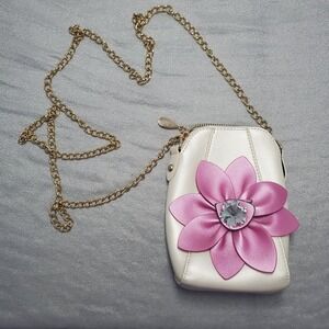 Cream Faux Leather Crossbody Phone Bag 3D Pink Flower Crystal Gold‎ Chain Strap